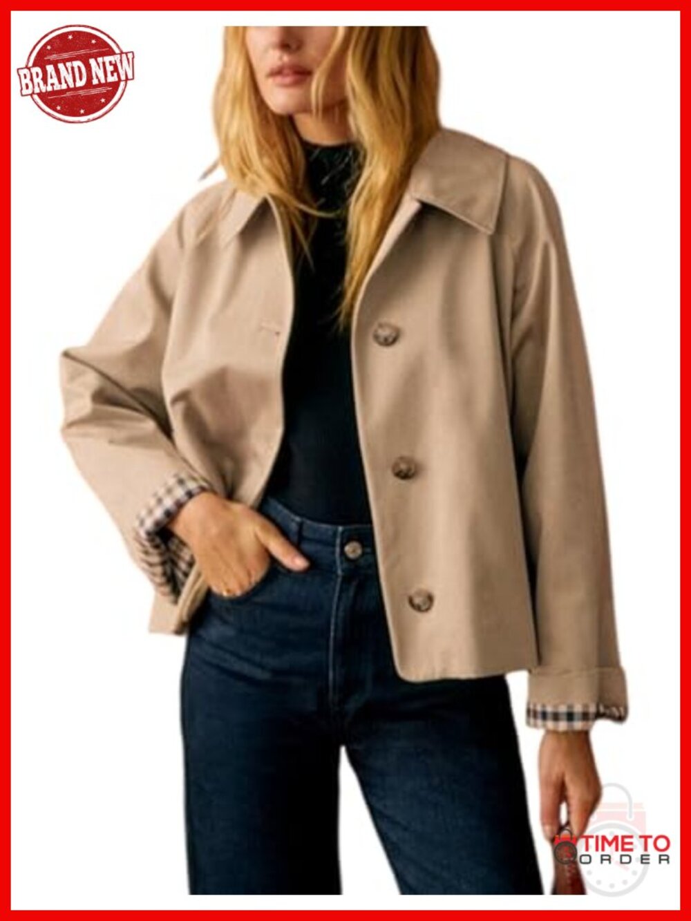 Oversize Trench Coat Plaid Lining Lapel Button Down Casual Crop Jacket with